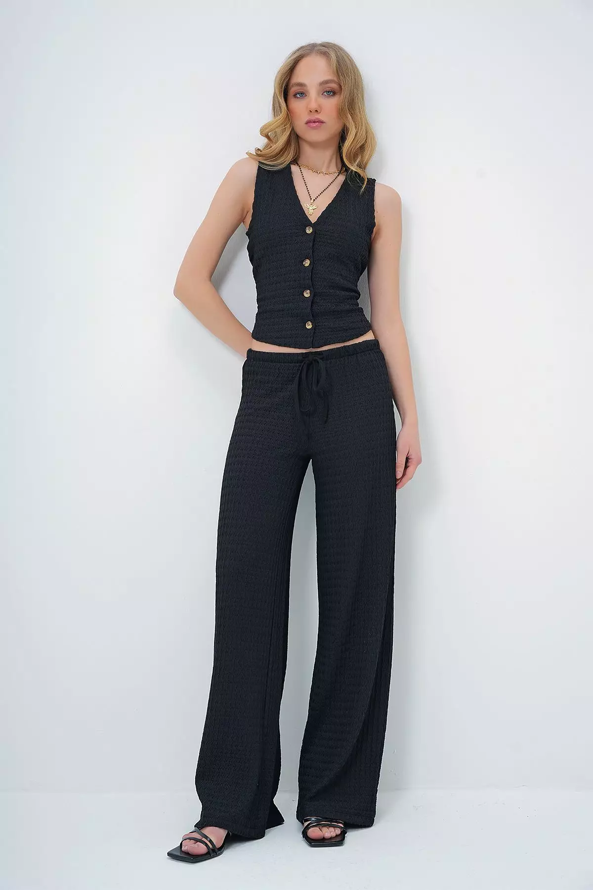 Women's Black V-Neck Buttoned Vest and Trouser Set