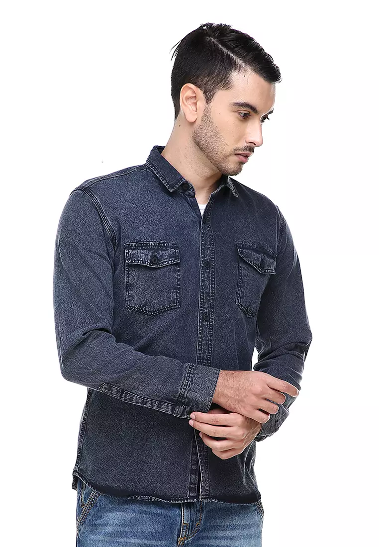 Dwan Casual Shirt Baju Kemeja Jeans Pria Lengan Panjang Material Denim ORIGINAL - Black