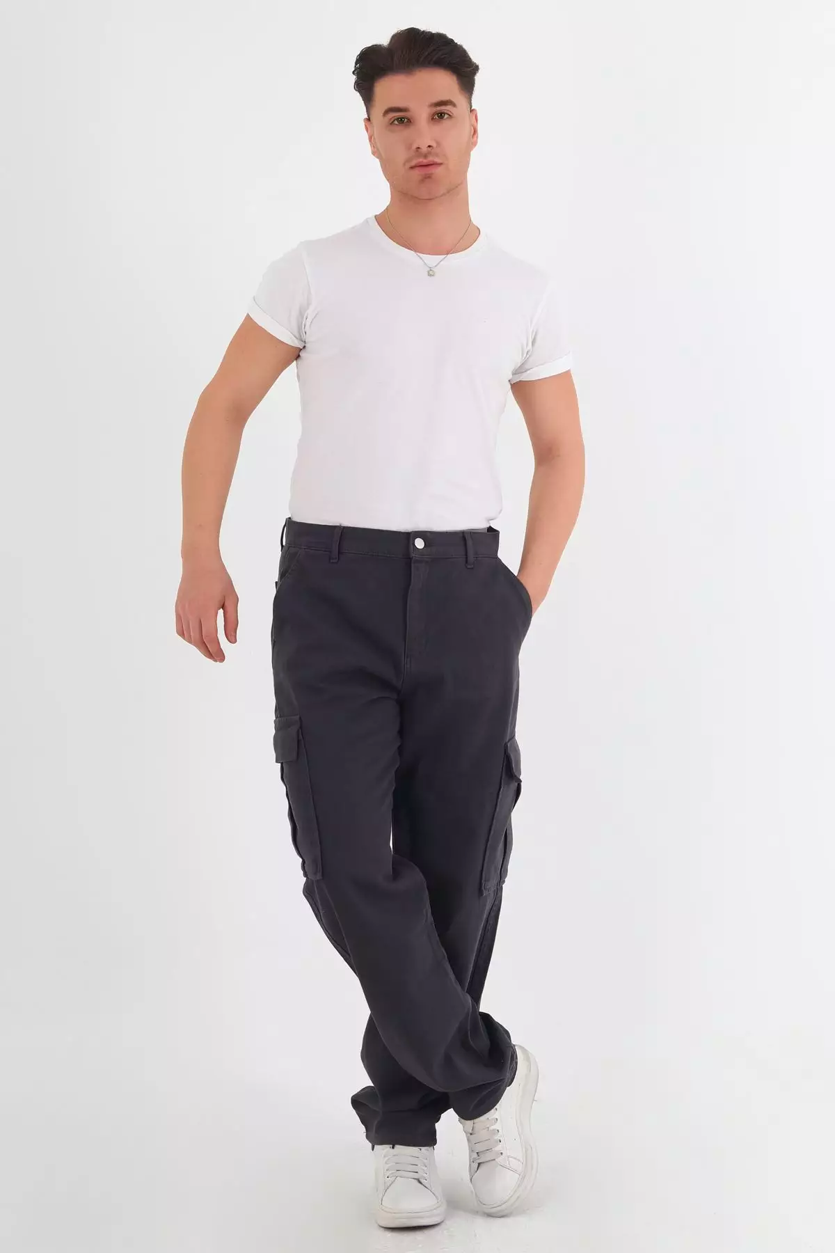 Anthracite Cargo Pocket Gabardine Baggy/Loose Cut 100% Cotton Casual Trousers TMNSS24PL00021
