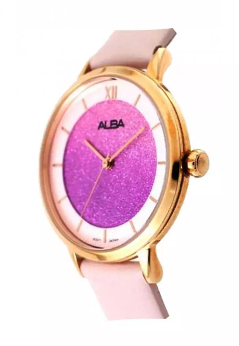 Jam Tangan Wanita Alba Original Garansi Resmi AH8636 AH8636X1 Strap Pink Leather Light Pink Gradation Dial pink
