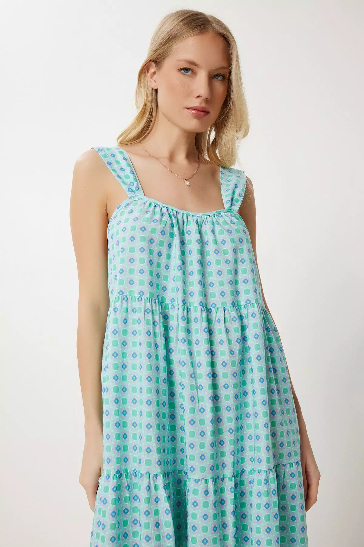 Women's Mint Green Patterned Flounced Summer Dress Fk00024