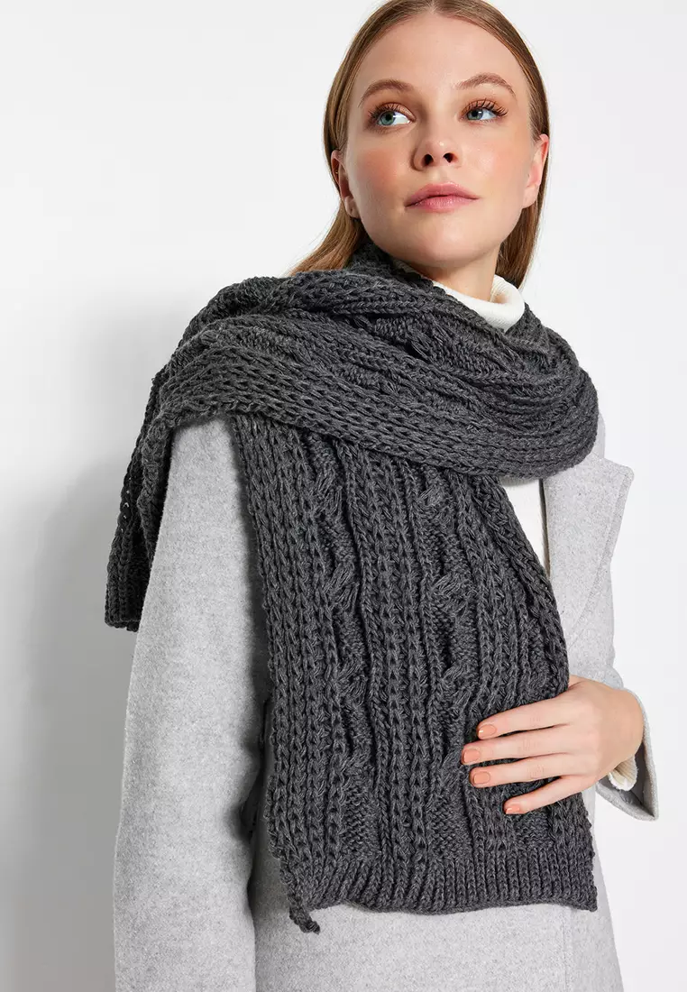 Anthracite Knit Detailed Knitwear Scarf