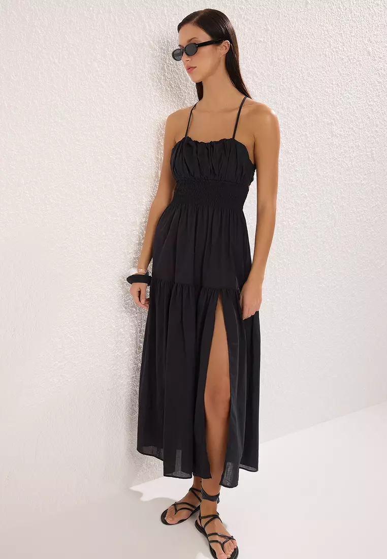 Black Oversized Maxi Woven 100% Cotton Beach Dress TBESS25EL00125