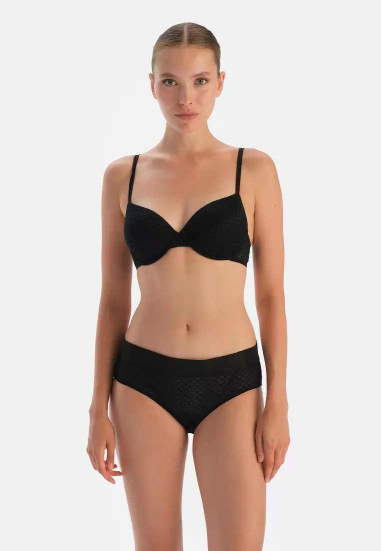 Black Lace Non-Padded Bra, Geometric Patterned, Regular Fit, Spacer Bra Pad, Underwire, Underwear for Women