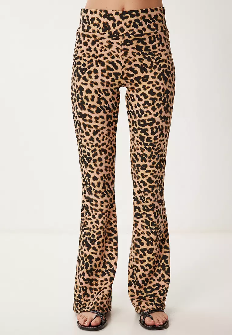 Women Black Cream Patterned Flare Leg High Waist Stretchy Knitted Pants Cr00491