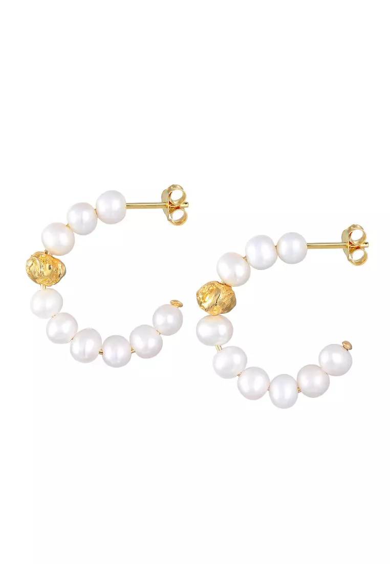 EXCLUSIVE Anting Perhiasan Perak 925 Wanita Hoop Creole Freshwater Pearls Gold Plated