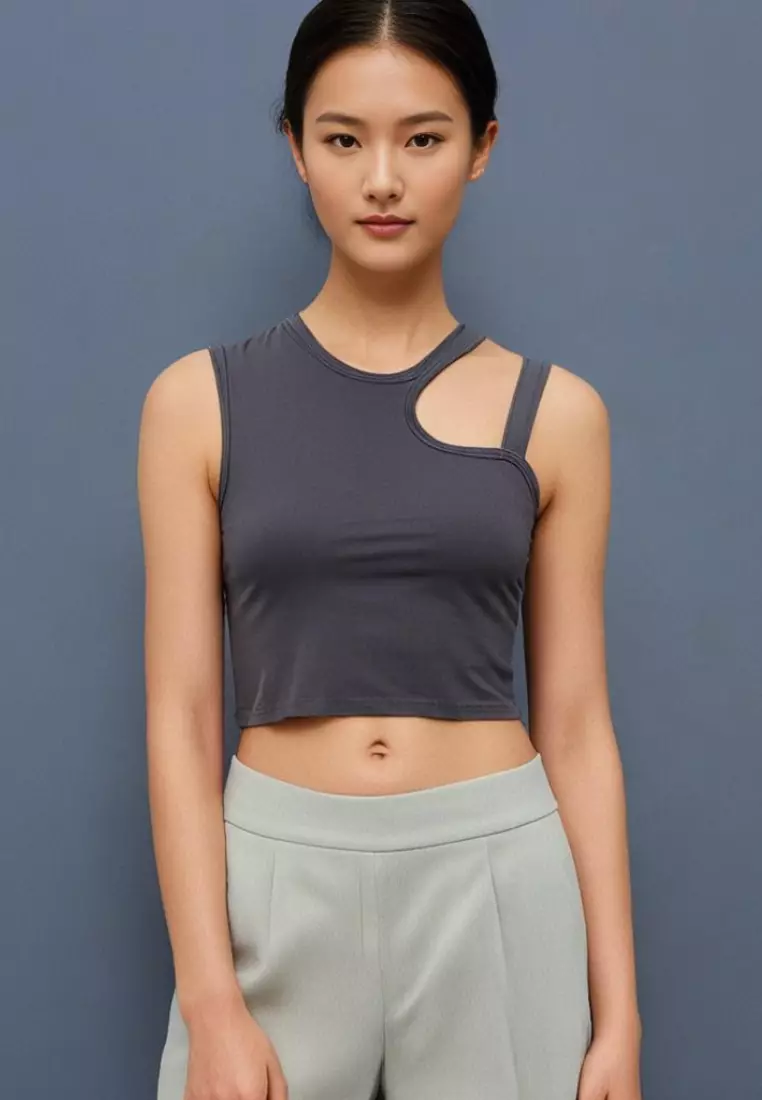 Premium Lainey Asymmetrical Neck Cut Out Cotton Bralette Top in Dark Grey