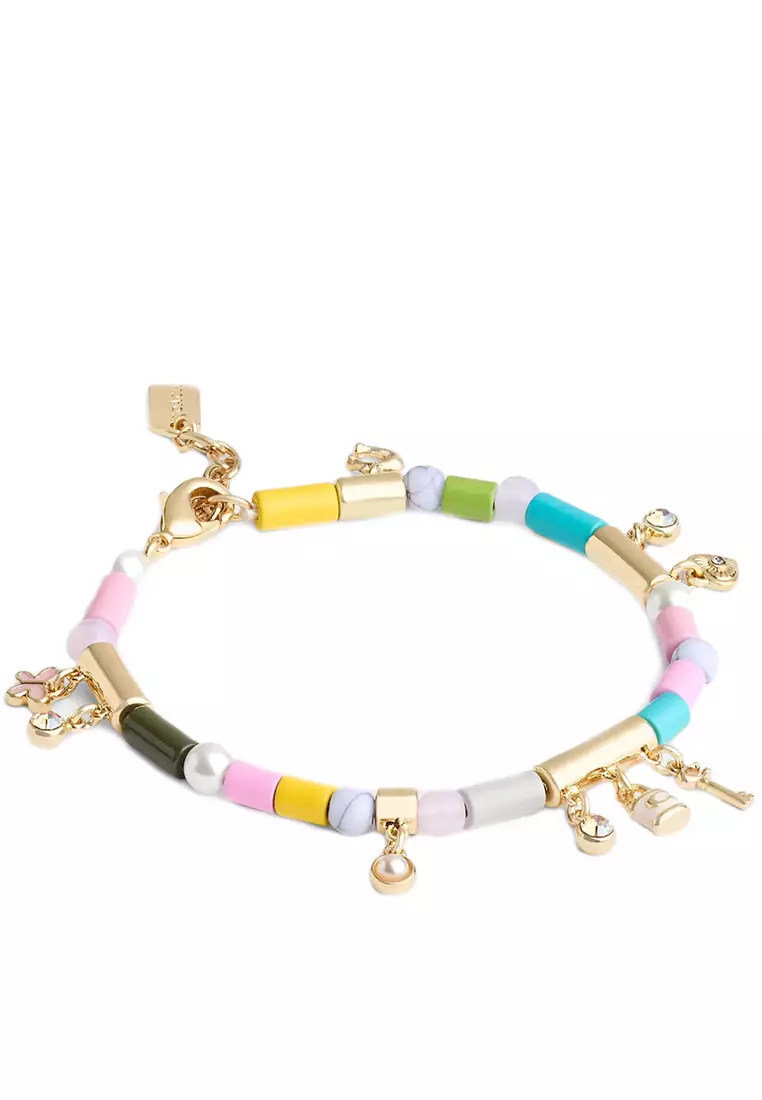 Heart Multi Charm Beaded Bracelet in Gold/ Multi CV265