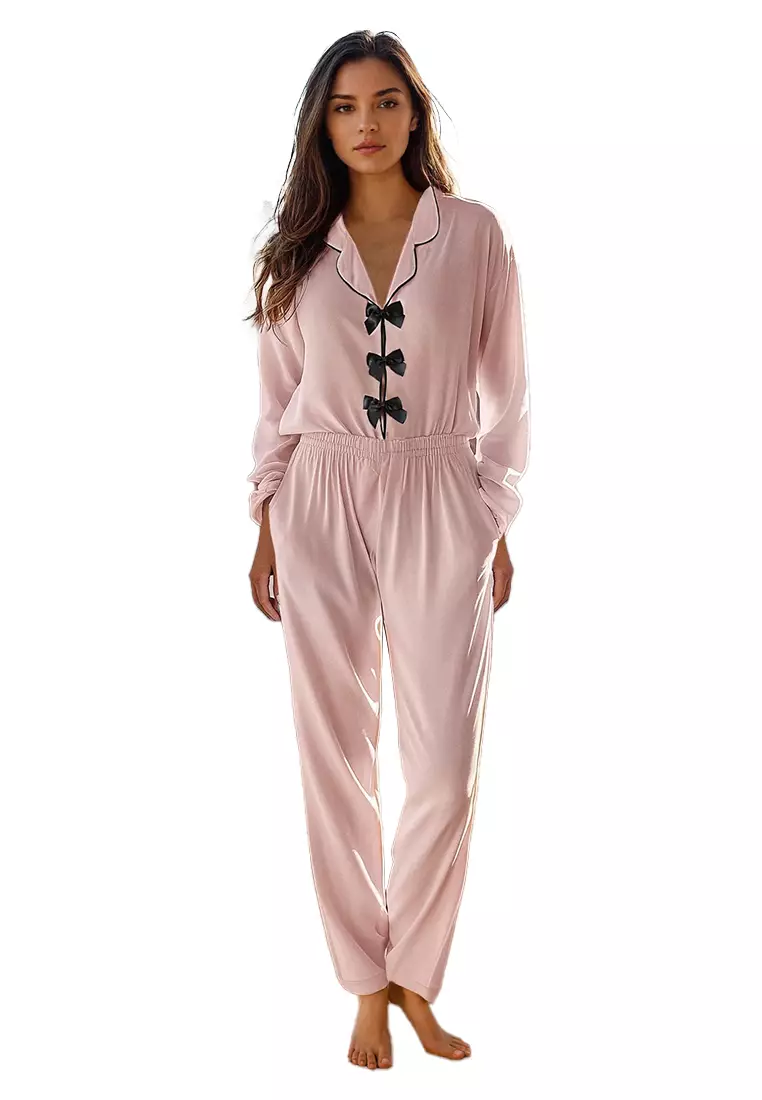 Powder Ribbon/Bow And Piping Detailed Woven Pajama Set