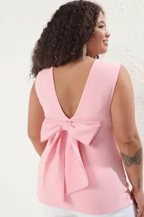 Pink Sleeveless Back Low-Cut Stylish Blouse Plus Size Tbbss25Af00089