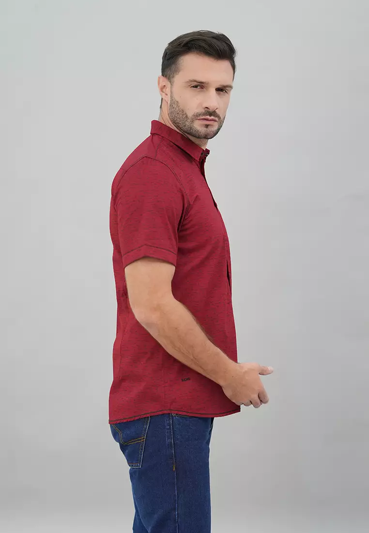 LGS - Slim Fit - Kemeja Casual Pria - Lengan Pendek - Merah - Motif Polos - JSH.392.S1079F.948.C