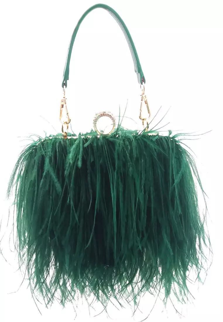Ostrich Feather Ring Buckle Chain Crossbody Shoulder Small Square Bag