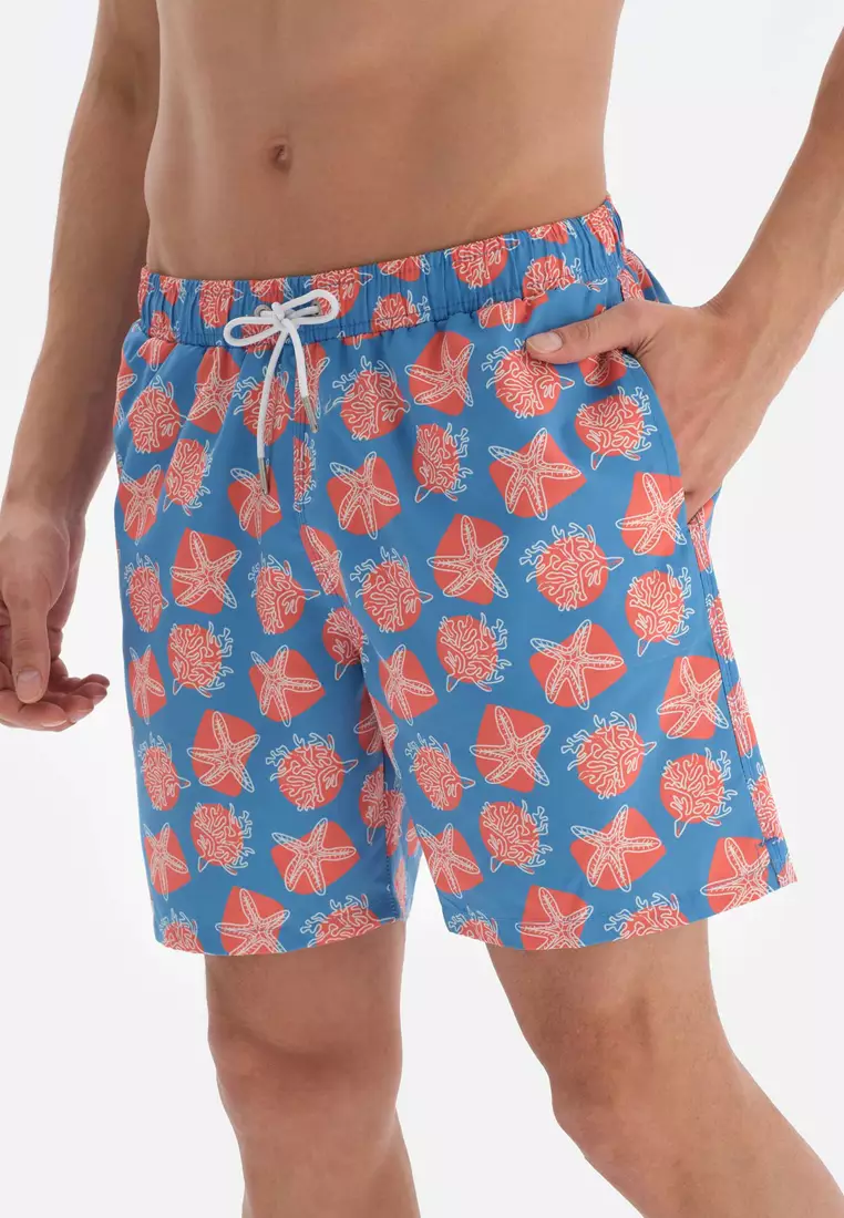 Blue - Salmon Shorts, Coral Printed, Regular Leg, Swimwear for Men