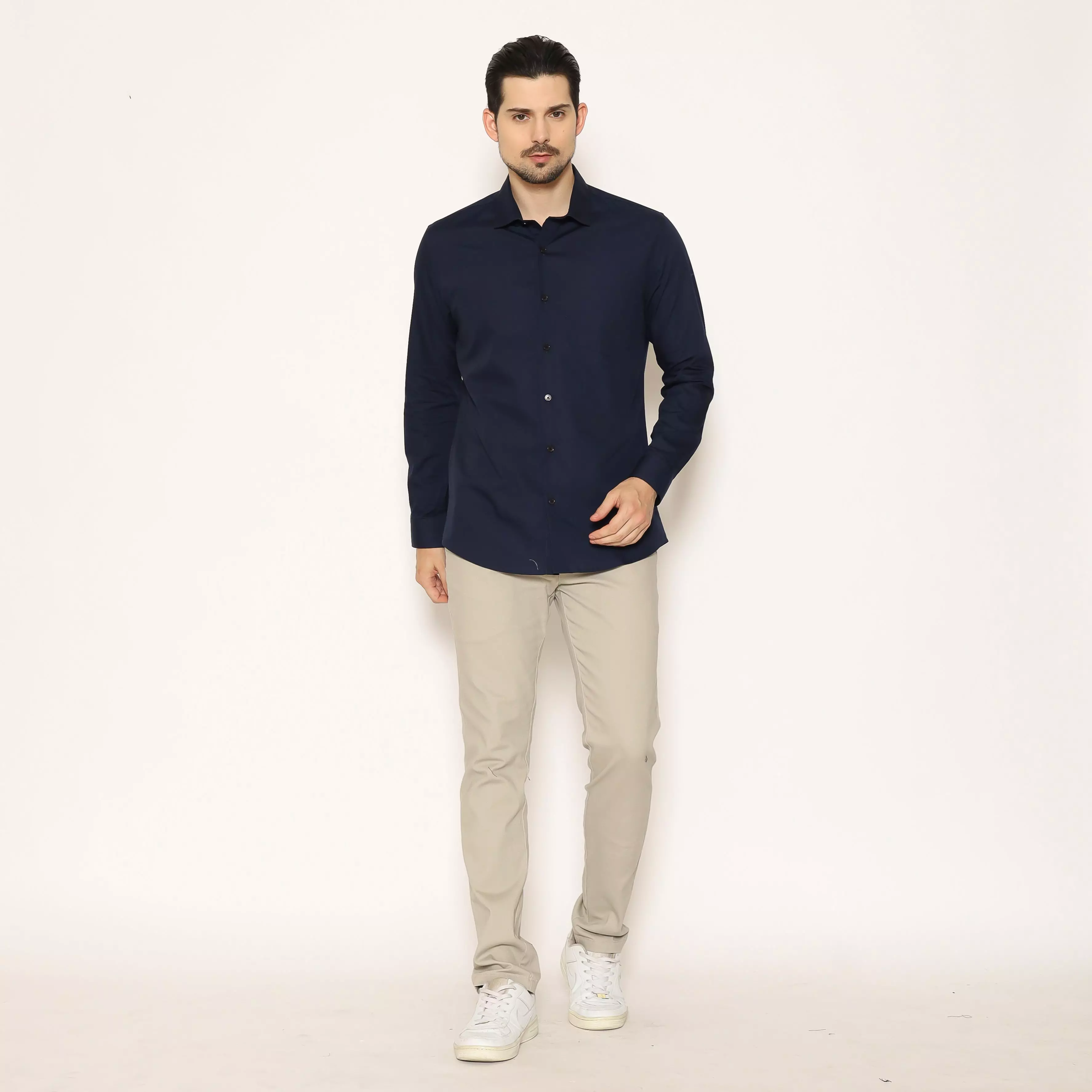 MAGINOT Kemeja Pria Basic Polos Lengan Panjang NAVY