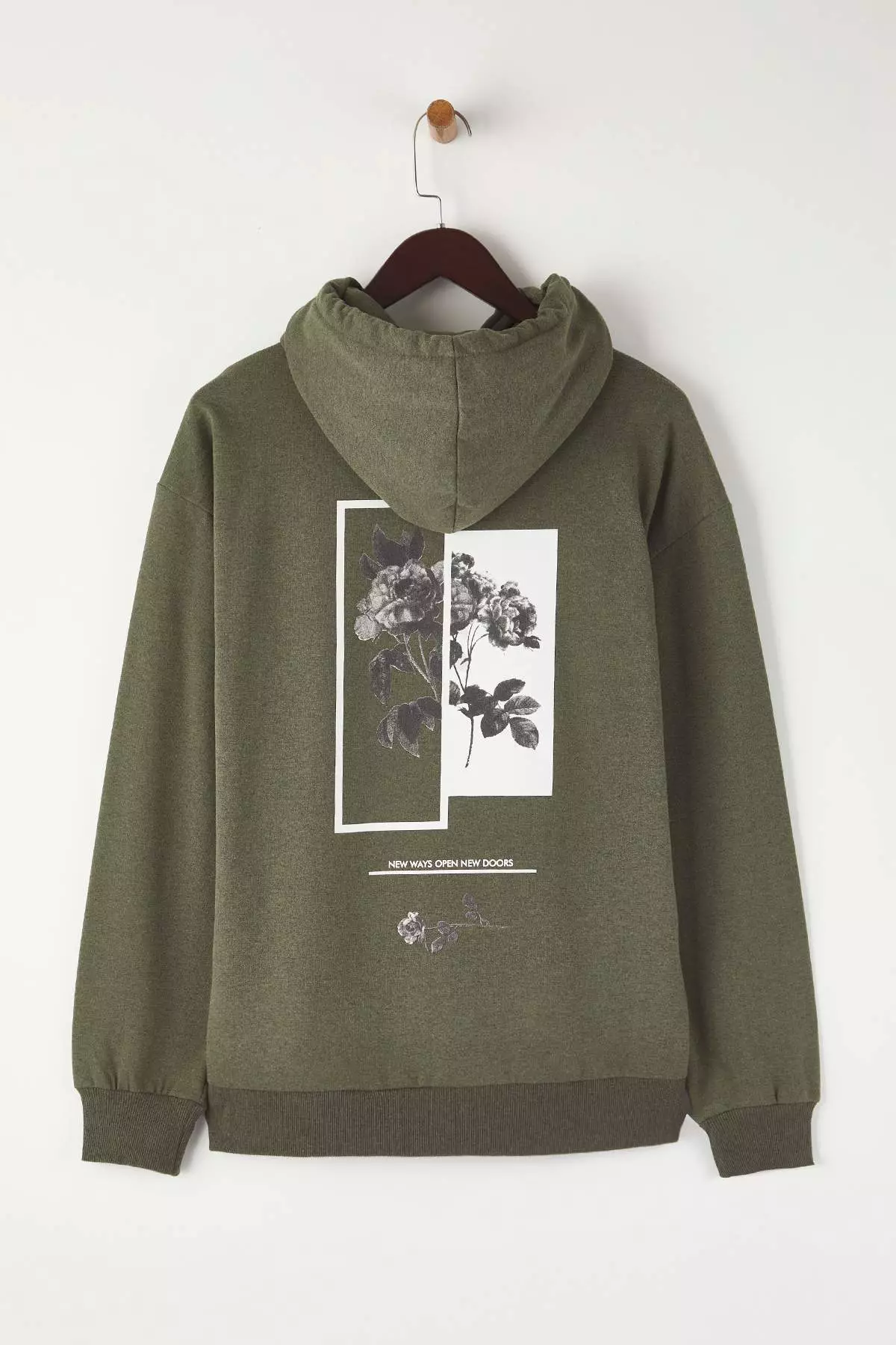 Khaki Oversize/Wide Cut Hooded Fleece/Warm Floral Printed Sweatshirt