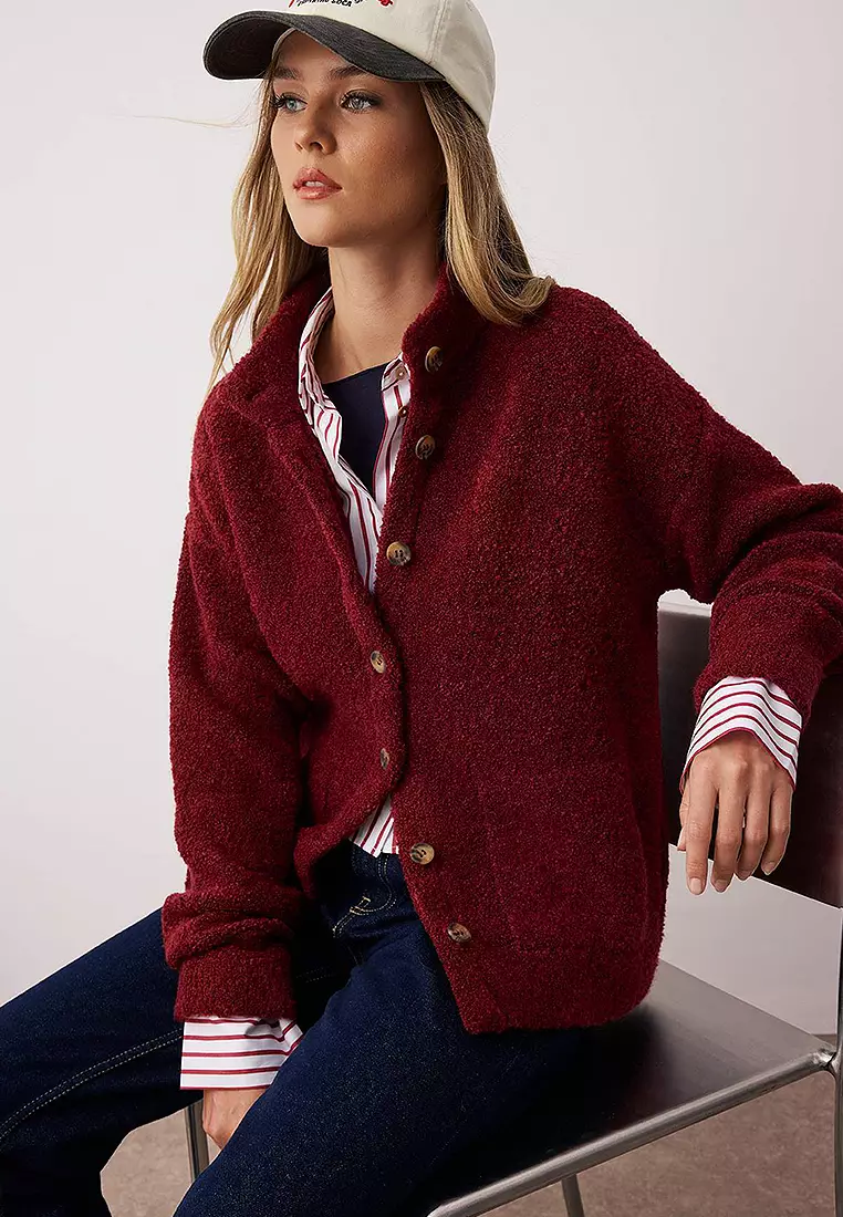 Boucle/Textured Yarn Wide Pattern Coat-Look Knitwear Cardigan
