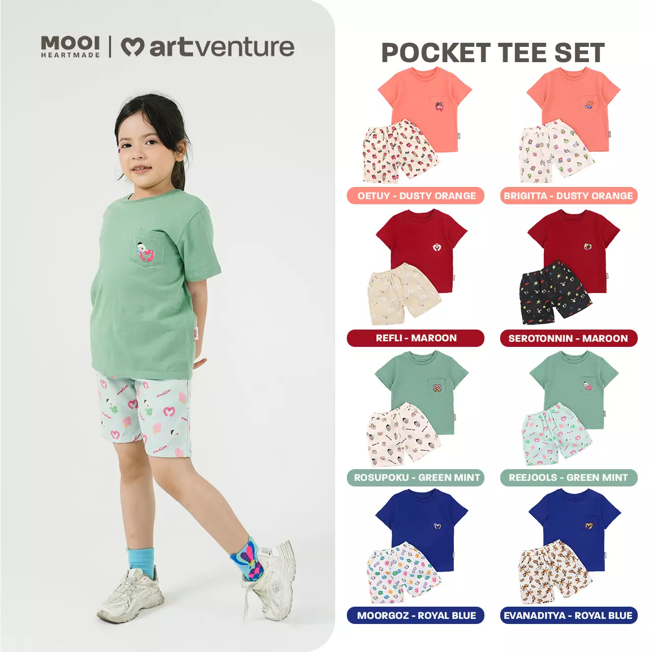 Mooi Artventure x Illustrator Pocket Tee Set Setelan Anak - ROSUPOKU - GREEN MNT