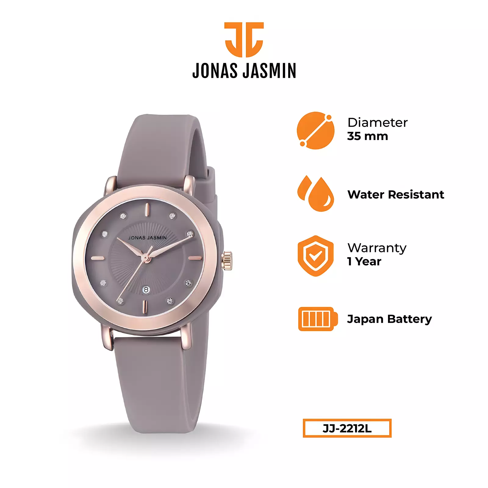 Jonas Jasmin - Jam Tangan Analog Wanita - Grey - Rubber Band - JJ-2212L-GY