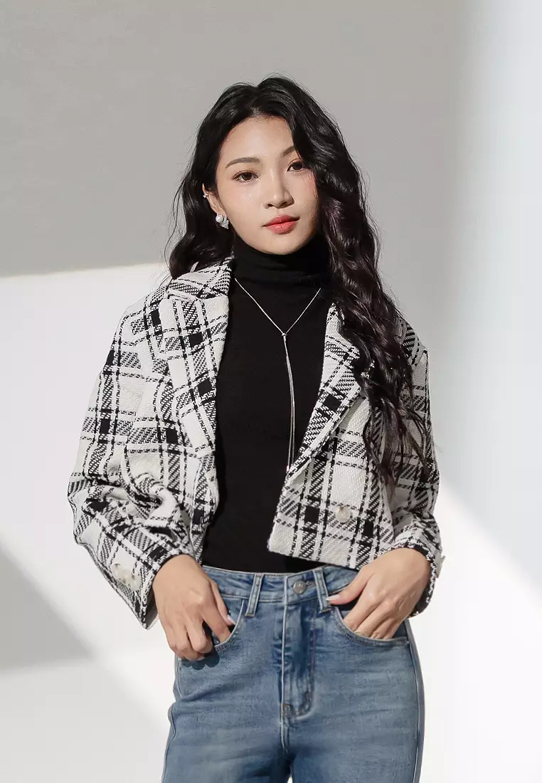 Lapel Plaid Short Version Long Sleeve Knit Suit Jacket [EA3592]