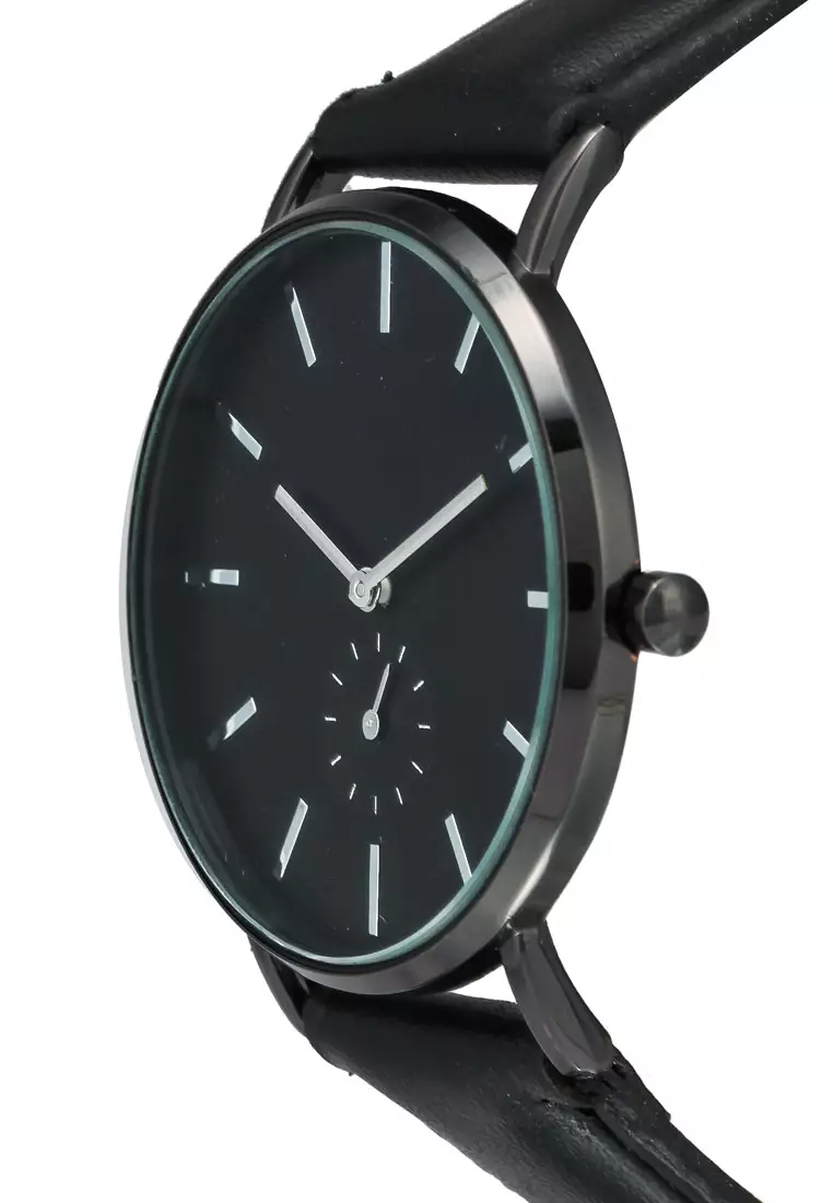 Round Face Subdial Black Strap Watch