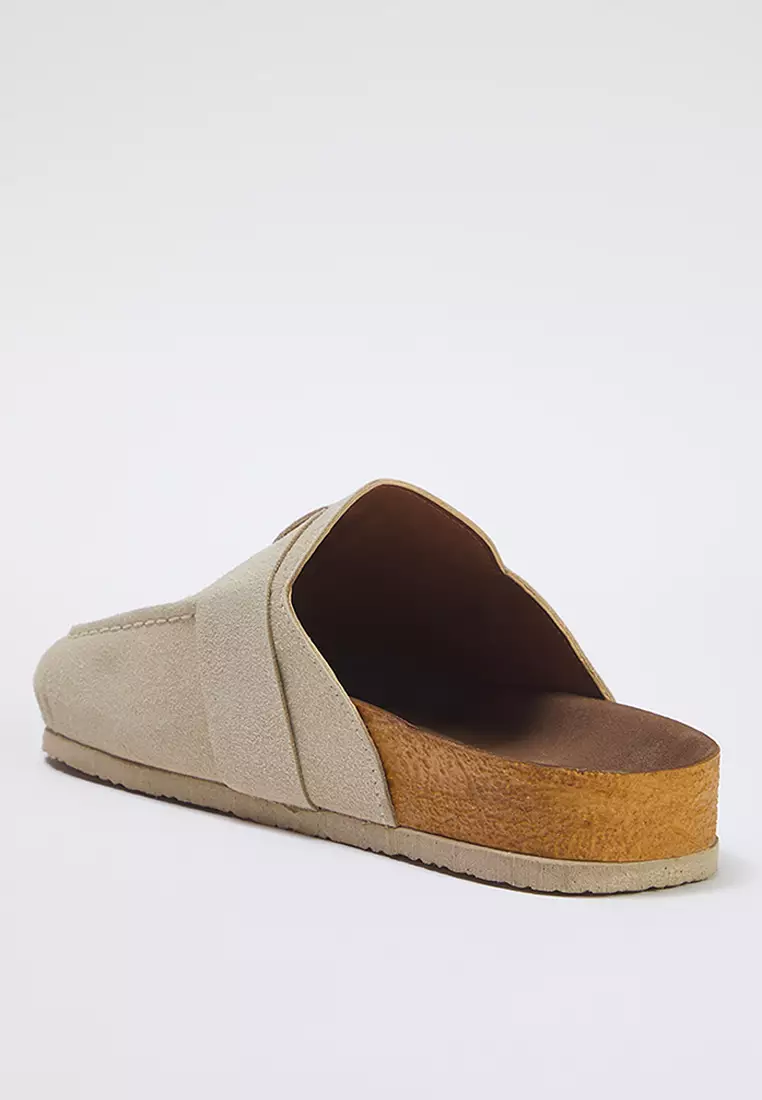 Beige Closed Front Belt Buckle Square Toe Flat Women's Sabo Slippers Takss25Te00000