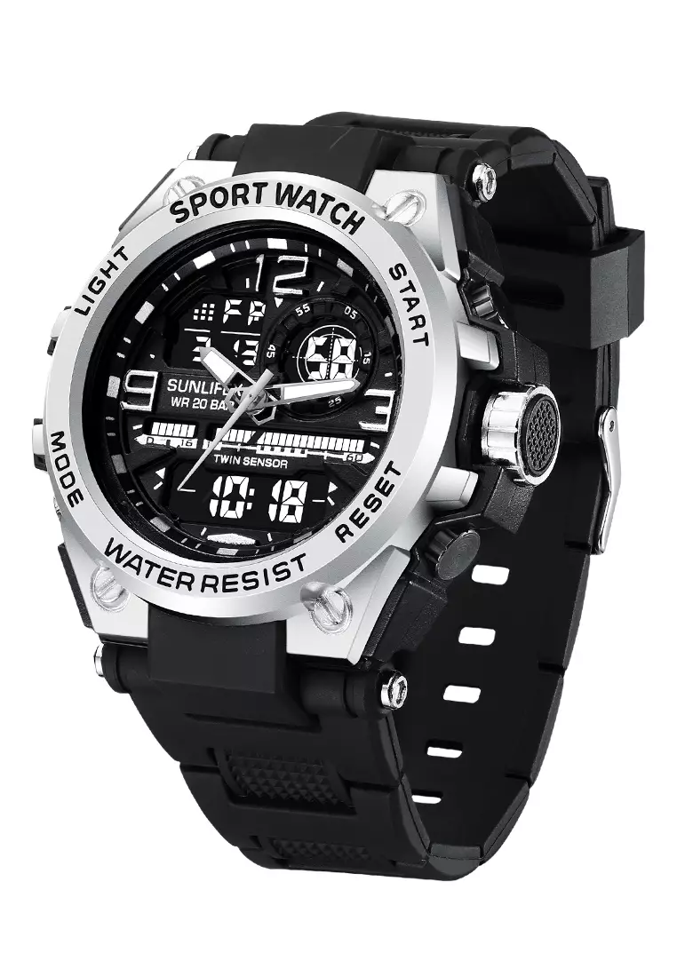 Jam Tangan Pria Digital&Analog Olahraga Multifungsi Tali Silikon Jam Tangan Cowok D003 black silver