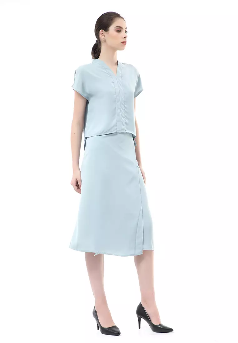 Nayra Setelan Baju & Rok Wanita One Set Adjustable Short Sleeve Material Dolce ORIGINAL - Blue Mint