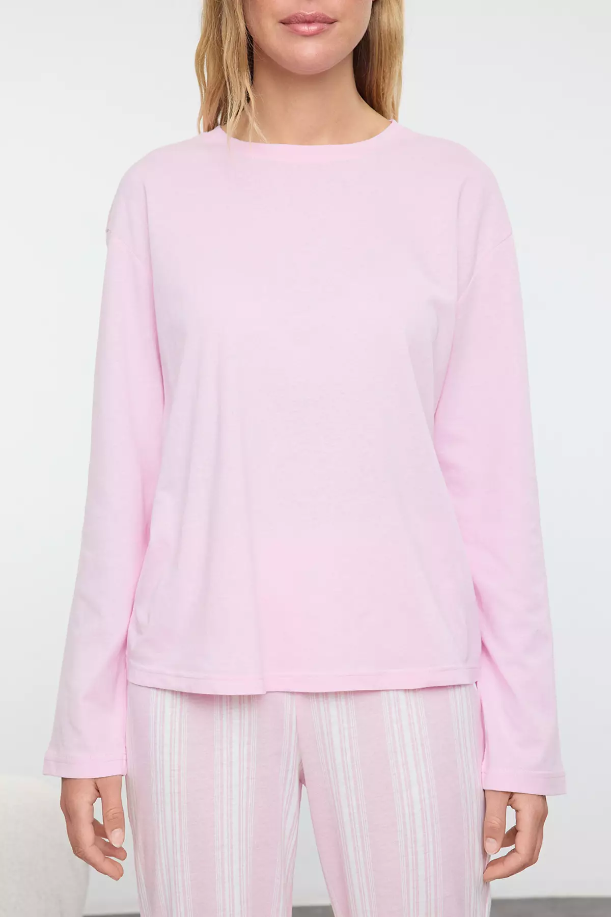 Pink 100% Cotton Striped Knitted Pajama Set Thmaw25Pt00188