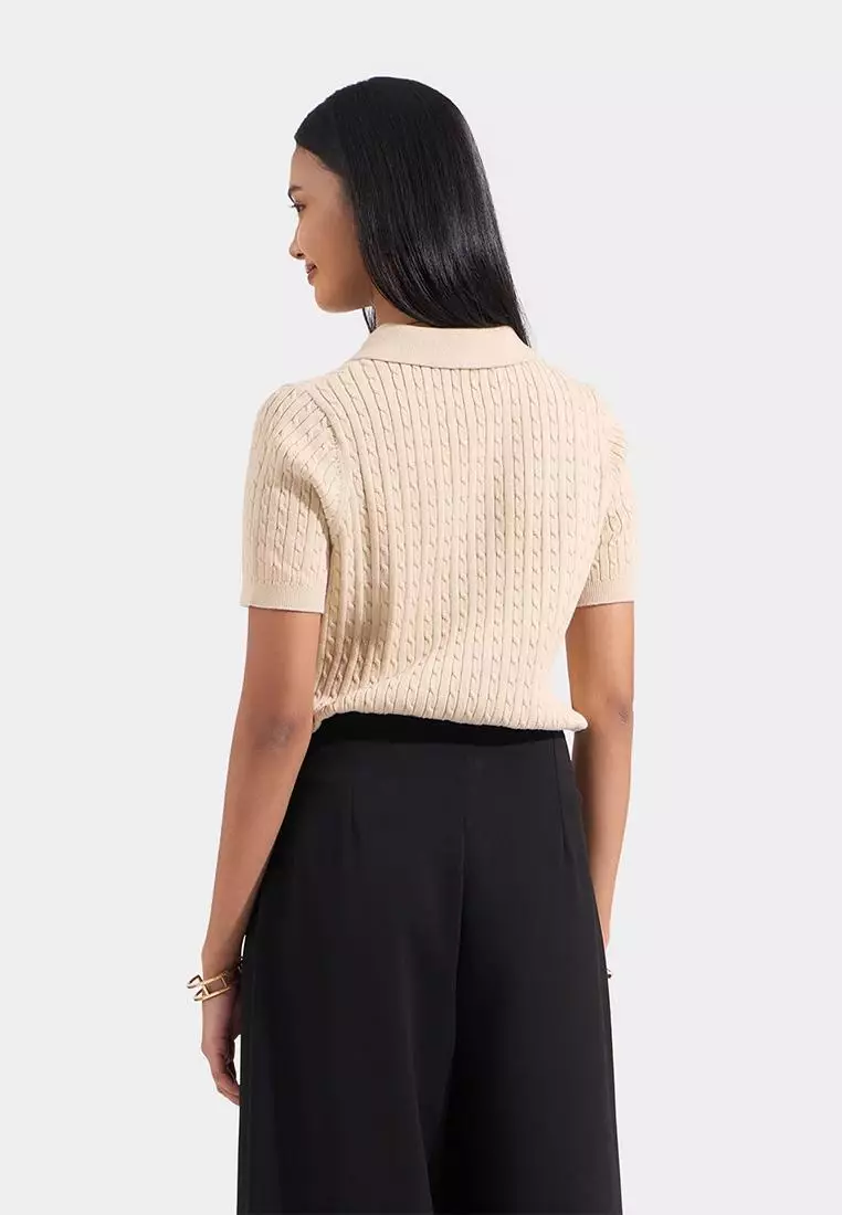 Collared Cable Knit Tee with Butterfly Emboridery