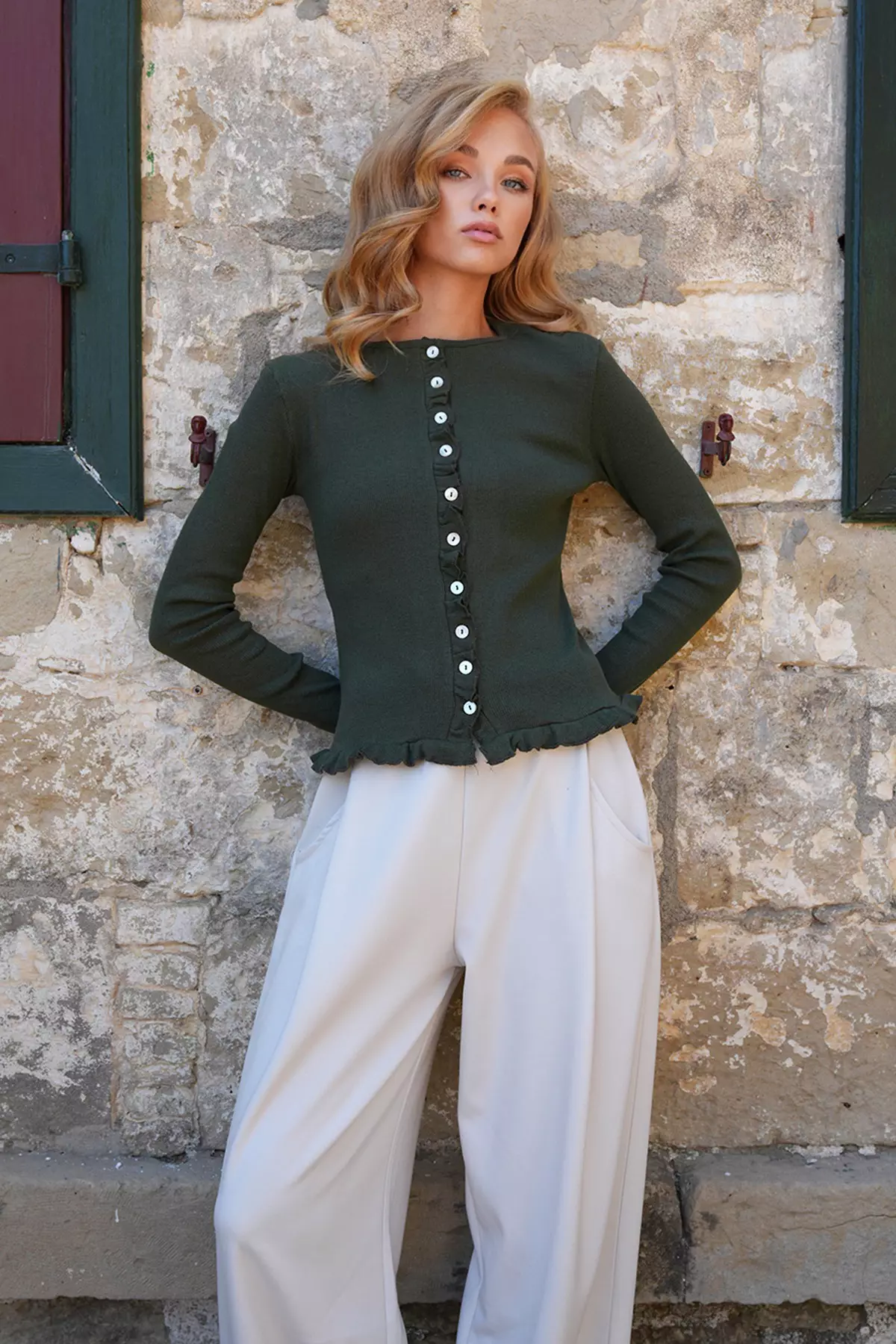 Women's Olive Green Crew Neck Ruffle Detailed Button-Front Knitted Blouse Alc-X14533
