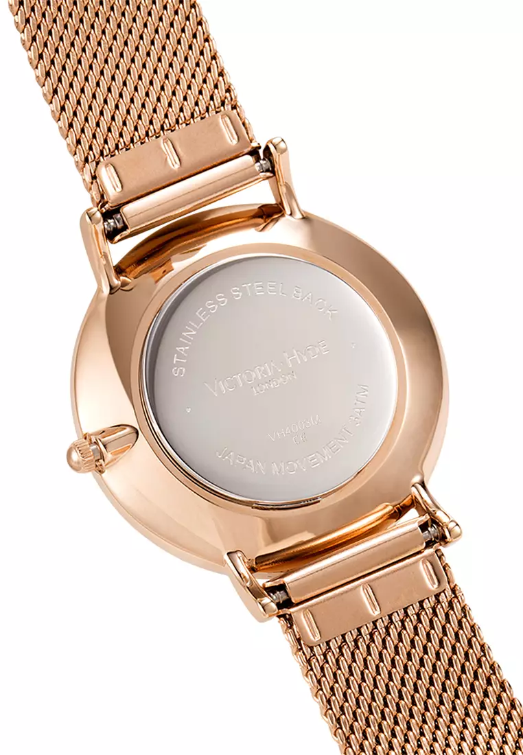 女士休閑手表 34mm白色圓形表盤 獨立秒針 玫瑰金不鏽鋼編織表帶-玫瑰金