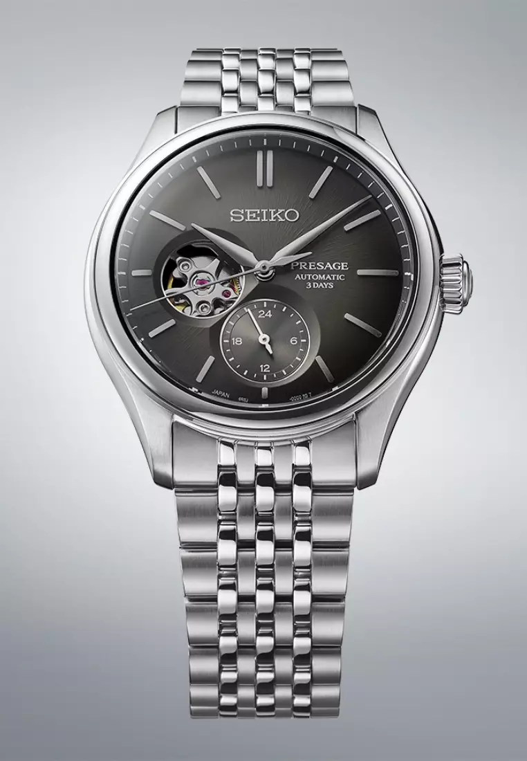 Seiko Presage Classic Series Semi-Skeleton ‘Sumiiro’ Open Heart Design Stainless Steel Band Automatic Watch SPB471J1
