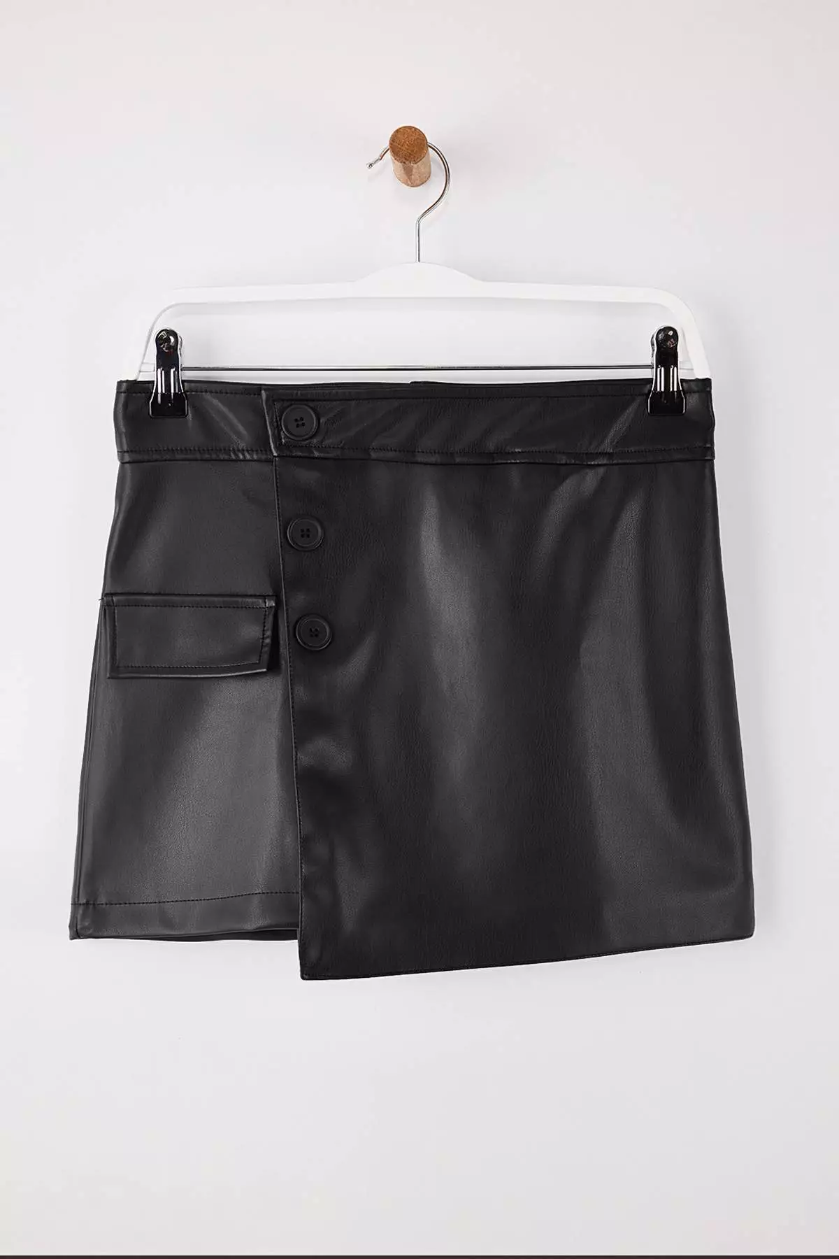 Black Faux Leather Mini Double-Breasted Short Skirt Twoss26Sr12