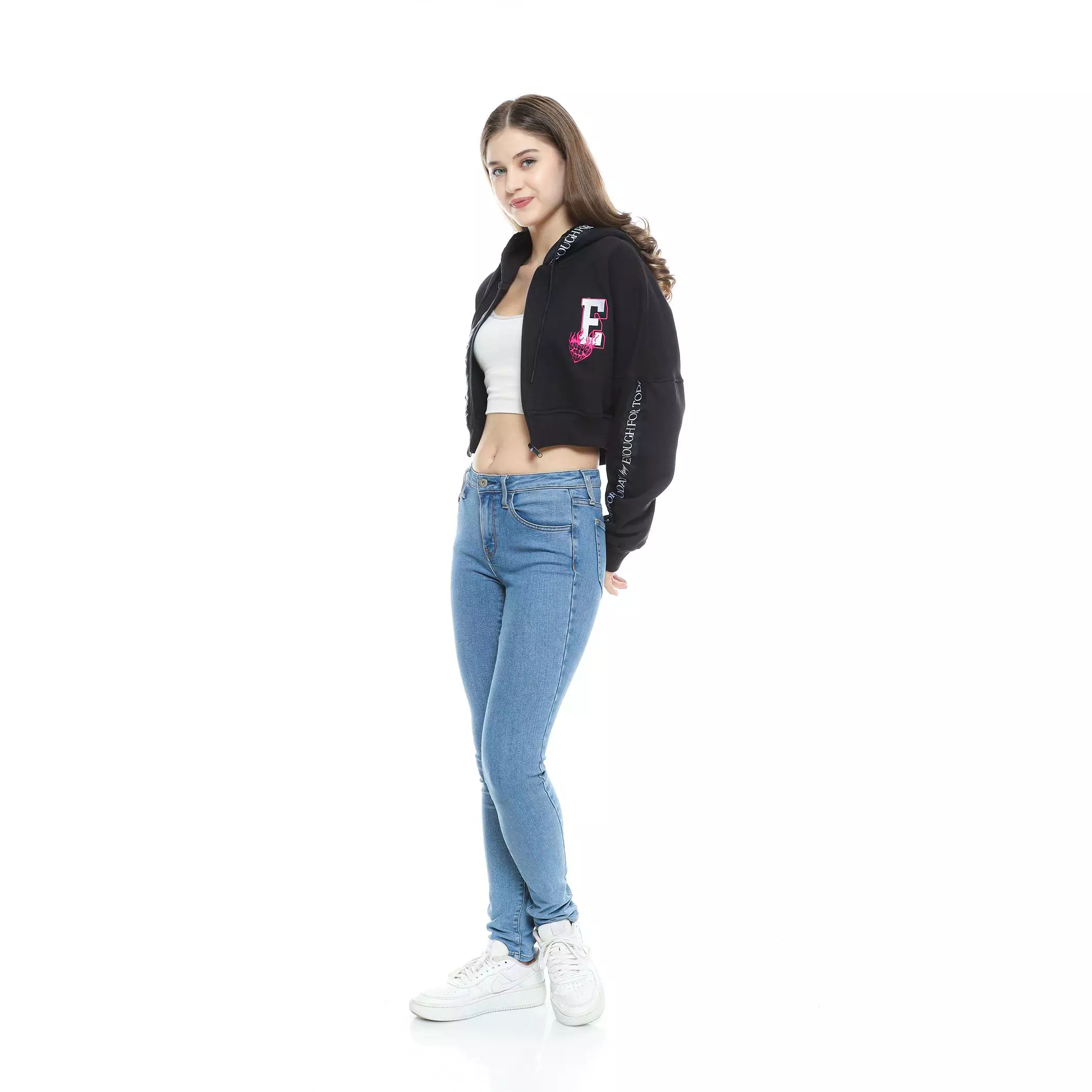Enough For Today /KUIY,- Sweater Hoodie Crop Zipper Oversize Hitam Bordir Pita Tempel Text On Black Wanita Top Fleece