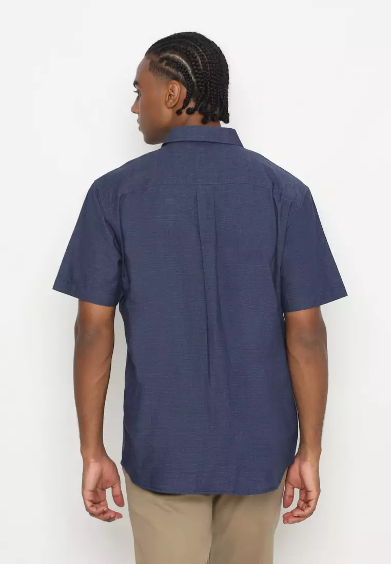 POLICE Kemeja Polos Cotton Twill Slub Biru Tua Regular Fit Pria