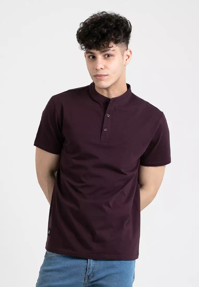 Forest Premium Weight Cotton Stretchable Mandarin Collar T Shirt Men Slim Fit Tee 23856-70DkPurple
