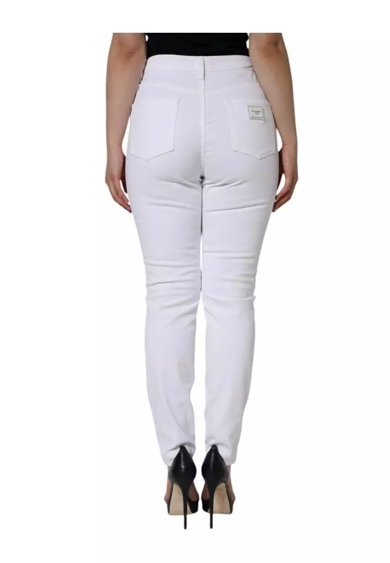 Dolce & Gabbana White Cotton Mid Waist Denim Tapered Jeans