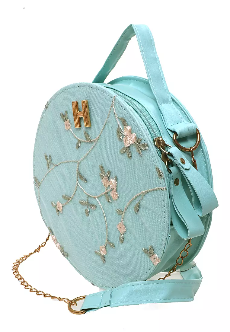 Werlyn Tas Selempang Wanita Floral Round Slingbag Casual Large Storage Material Leather Kulit ORIGINAL - Green