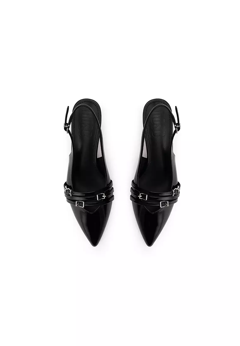 POINTED TOE BUCKLE SLINGBACK HEELS尖头扣饰后空高跟鞋