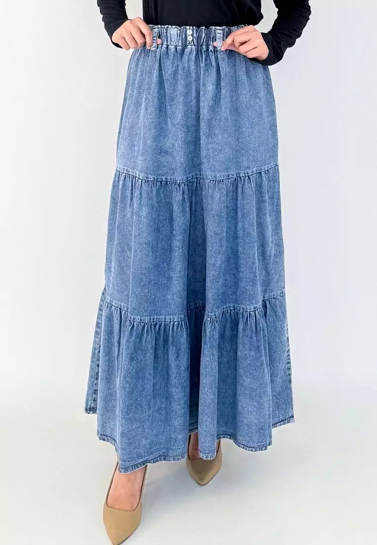 Arabel Denim Skirt (Rok Susun Panjang Jeans Flare) Biru Snow