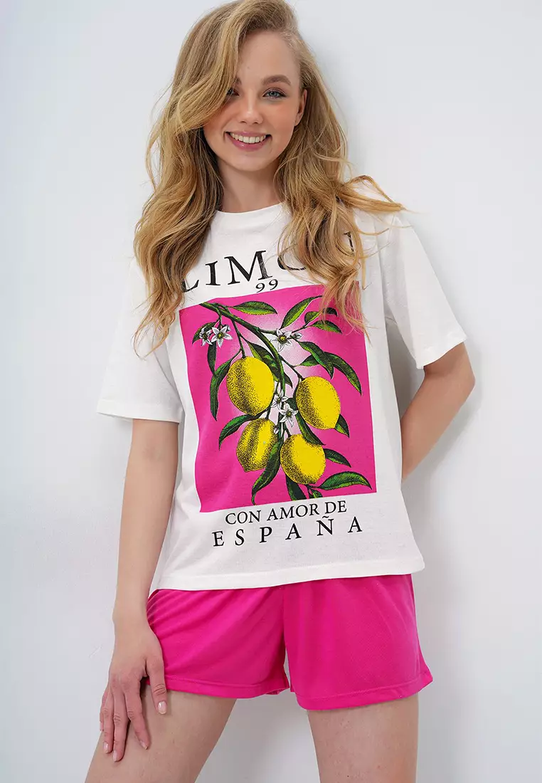 Women's Fuchsia Lemon Printed Cotton Basic T-Shirt And Shorts Pajama Set Pjm-X13903