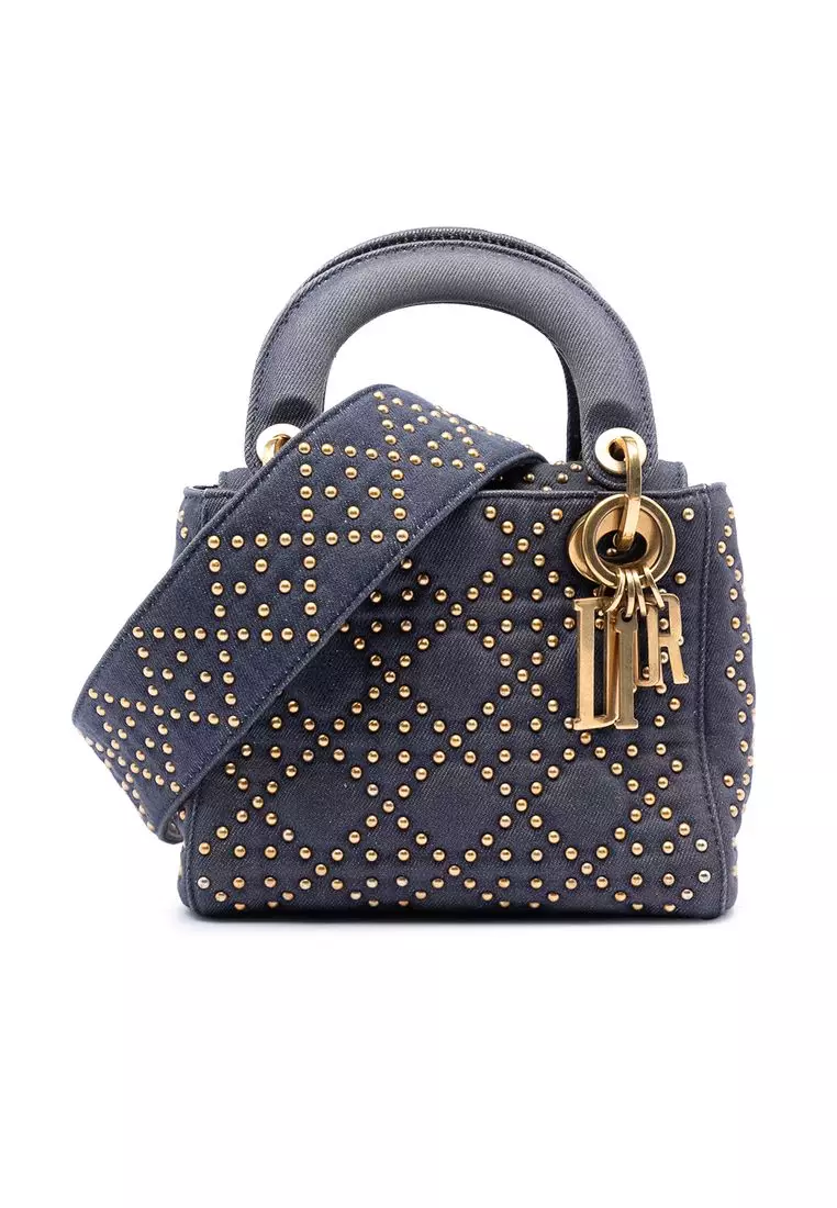 Pre-Loved Dior Mini Denim Cannage Studded Supple Lady Dior