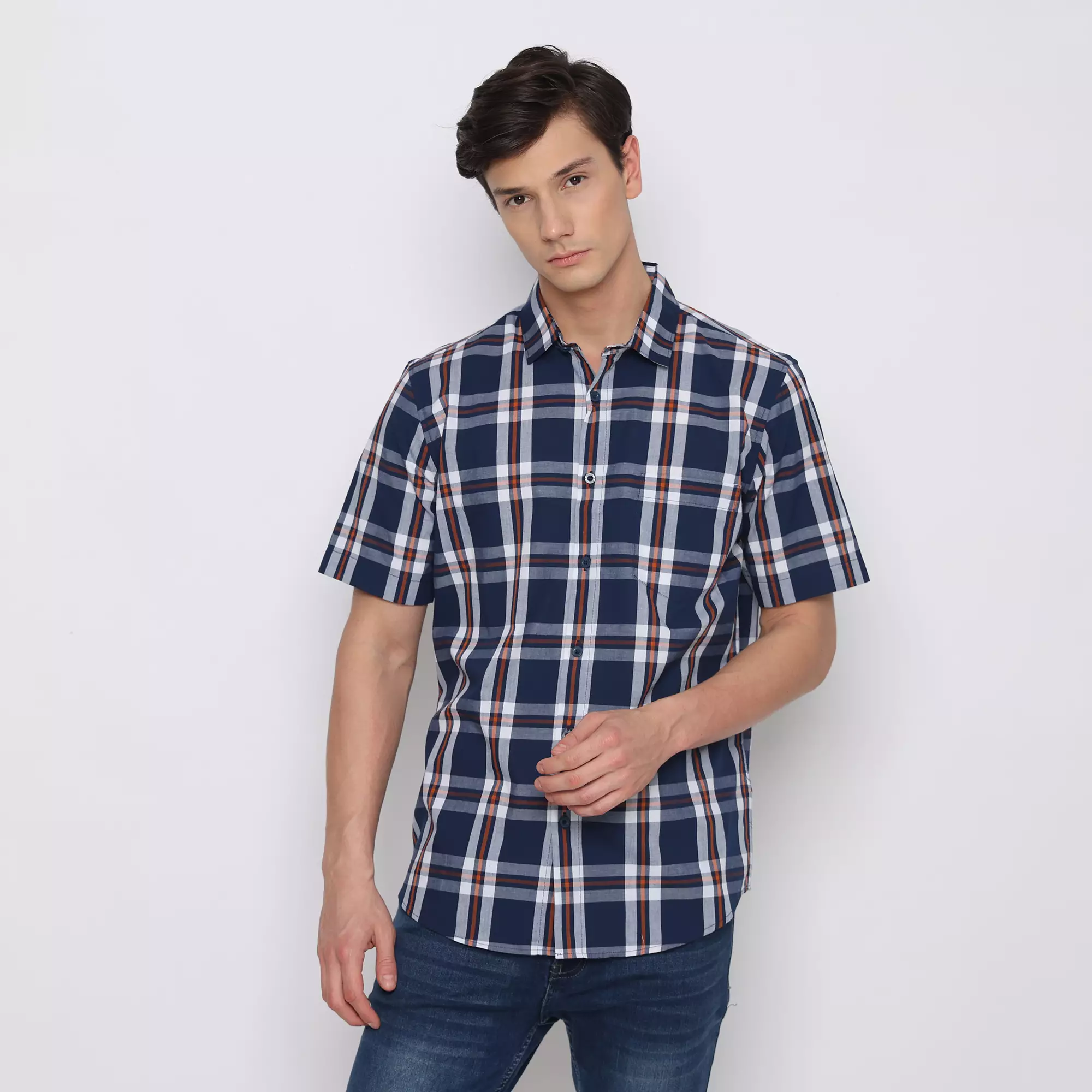 Platini Kemeja Motif Kotak Pria Lengan Pendek Katun Navy 73407