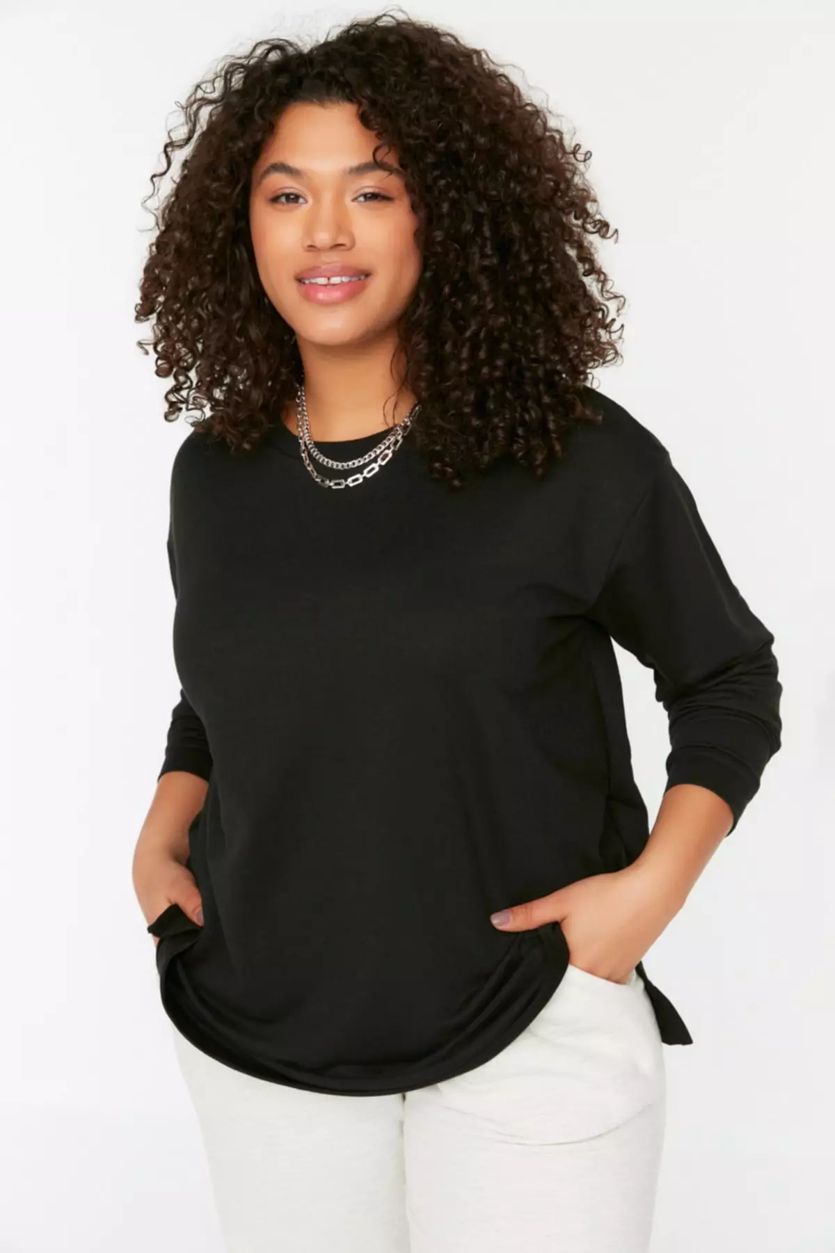 Trendyol Plus Size Black Slit Detailed Knitted Thin Sweatshirt