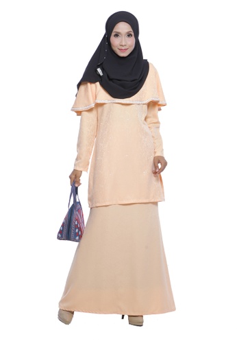 Thalia Kurung Moden Cape in Peach from Adrini's in Pink