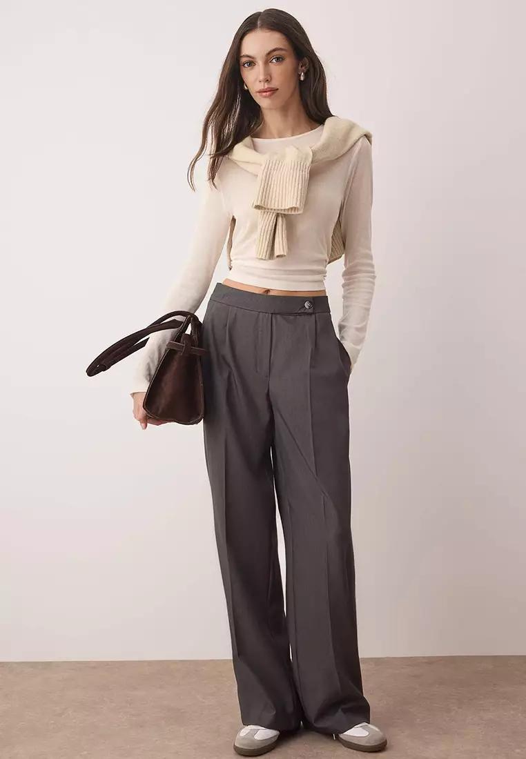 Gray Wide Leg High Waist Woven Trousers Twoaw26Pl00036