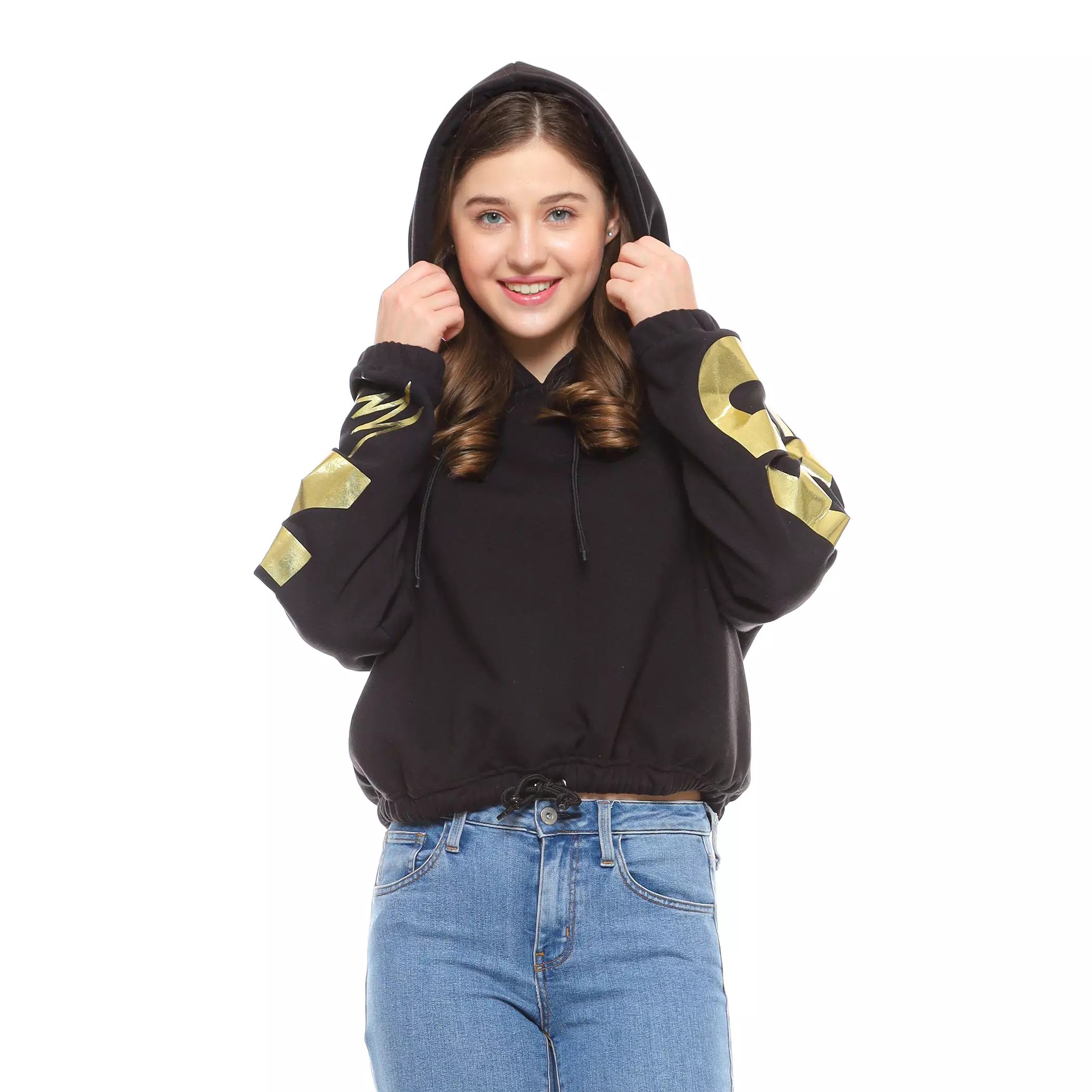 Enough For Today - Hoodie Sweater Crop Oversize Reglan Wanita Hitam Gold Millennium