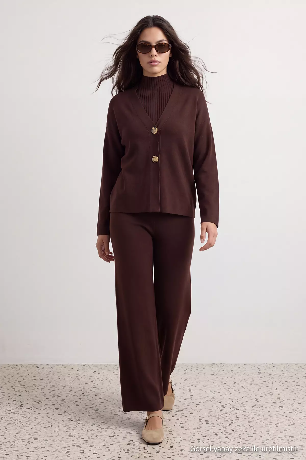 Brown Accessory Detailed 3-Piece Cardigan-Blouse-Pants Knitwear Set