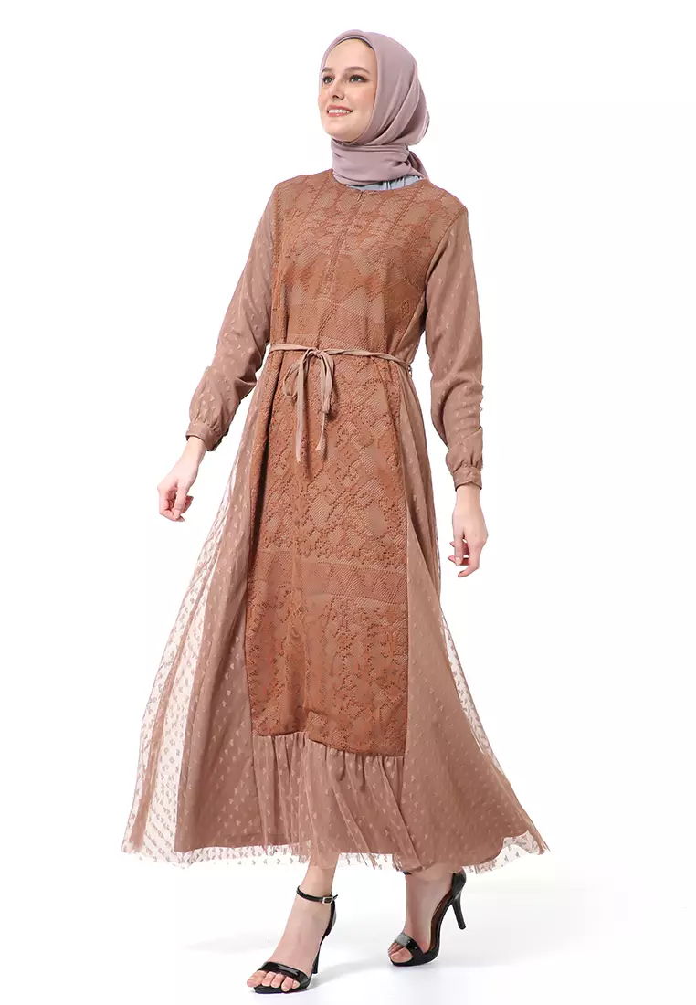 Nayaka Gamis Wanita Lengan Panjang Design Klasik High Quality Premium - Brown