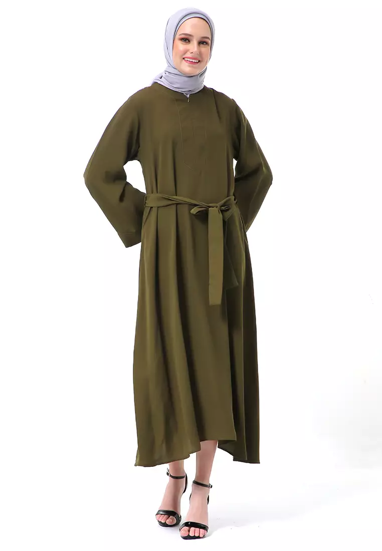 Khalisa Aiza Long Abaya Gamis Self Tie Belt Premium High Quality - Army